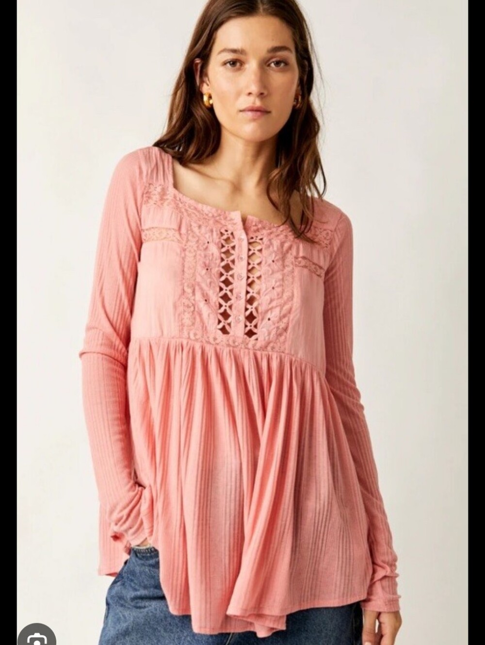 18-Free People Women's Lace-Trim Peasant Top - Coral Pink